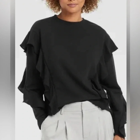 A New Day Black Pullover Crewneck Long Sleeve With Ruffle Details Size Medium - Picture 1 of 11